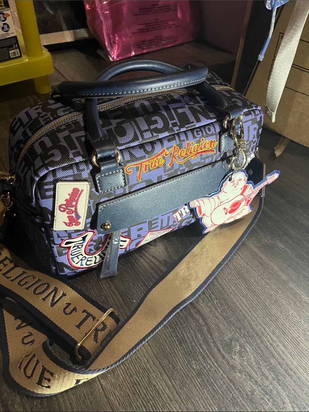 True Religion Navy Logo Satchel with Beige Strap and Patch Charms - Picture 10 of 10